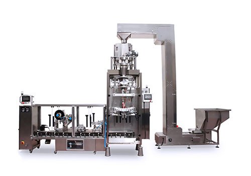 TA-CAV Packaging Machine With Volumetric System For Double Square Bottom (Carousel) With Label